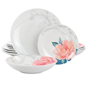 Martha Stewart 12-Piece Fine Ceramic Floral Dinnerware Set in White