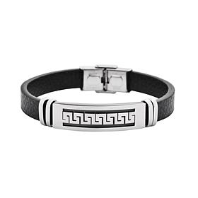 Men's Black Leather Bracelet with Stainless Steel Greek Key Design