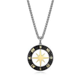 Men's Black Spinel Compass Two-tone Sterling Silver Pendant Necklace