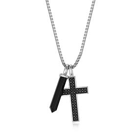 Men's Gunmetal Sterling Silver Onyx & Sapphire Cross Pendant Necklace