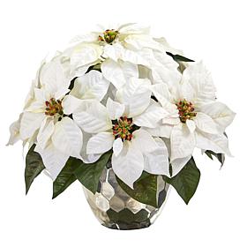 Nearly Natural 14 in. White Poinsettia in Designer Silver Bowl