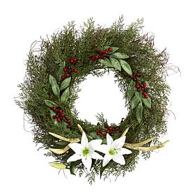 Nearly Natural 20” Cedar, Antlers, Lily and Ruscus with Berries Wreath