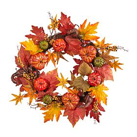Nearly Natural 24” Autumn Pumpkin and Berries Artificial Fall Wreath