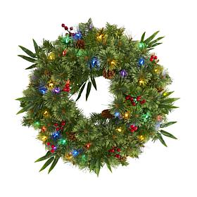 Nearly Natural 24 in. Mixed Pine Christmas Wreath with Lights