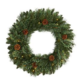 Nearly Natural 24 in. Mountain Pine Christmas Wreath with 35 Lights