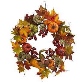 Nearly Natural 24” Pumpkin, Gourd, Berry and Maple Leaf Wreath