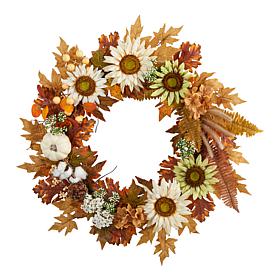 Nearly Natural 30”  Sunflower, White Pumpkin and Berries  Fall Wreath