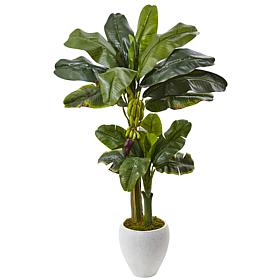 Nearly Natural 5 ft. Double Stalk Banana Tree in White Planter