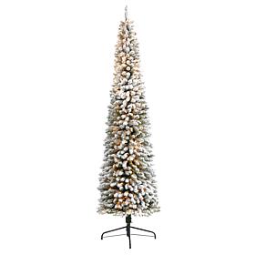 Nearly Natural 9 Ft. Flocked Pencil Christmas Tree with 600 Lights
