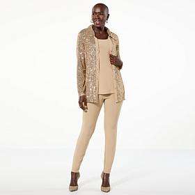 Nina Leonard 3-piece Sequined Button-Front Top, Tank and Pant Set