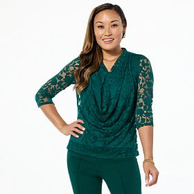 Nina Leonard 3/4-Sleeve Drape Neck Burnout Top