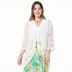 Nina Leonard Bell-Sleeve Open Front Crochet Cardigan