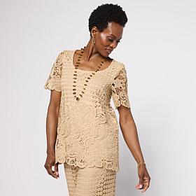 Nina Leonard Border Lace Elbow Sleeve Top