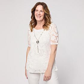 Nina Leonard Burnout Knit Elbow Sleeve Necklace Top 