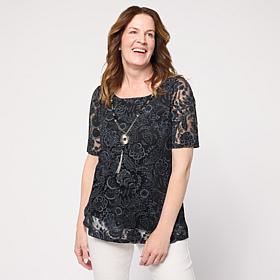 Nina Leonard Burnout Knit Elbow Sleeve Necklace Top 