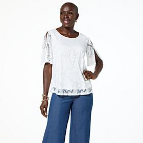 Nina Leonard Burnout Knit Flutter-Sleeve Jewel Neck Top