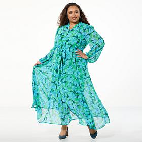 Nina Leonard Collared Button Front Chiffon Maxi Dress