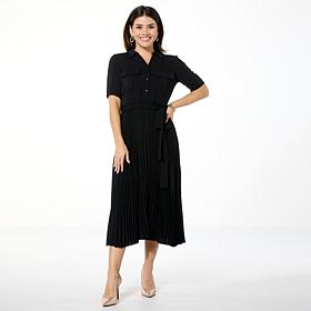 Nina Leonard Collared Shirt Dress with Pleated Skirt