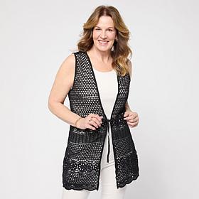 Nina Leonard Crochet Tie-Front Cardigan Vest