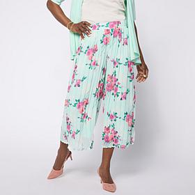 Nina Leonard Elastic Waist Pleated Printed Chiffon Culotte Pant