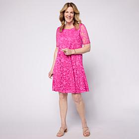 Nina Leonard Elbow-Sleeve Jewel-Neck Trapeze Dress