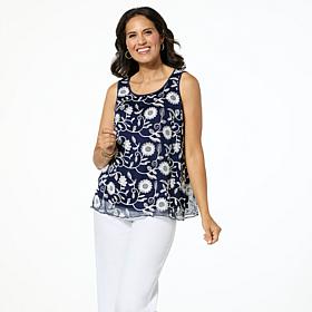Nina Leonard Embroidered Chiffon Scoop-Neck Tank