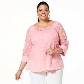 Nina Leonard Embroidered Mesh Knit 3/4-Sleeve Tunic