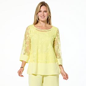 Nina Leonard Embroidered Mesh Knit 3/4-Sleeve Tunic