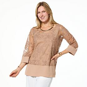 Nina Leonard Embroidered Mesh Knit 3/4-Sleeve Tunic