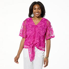 Nina Leonard Embroidered Mesh Tie Front Kimono Top