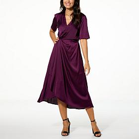 Nina Leonard Hammered Satin Drape-Front Dress