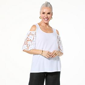 Nina Leonard Lace Sleeve Cold Shoulder Top