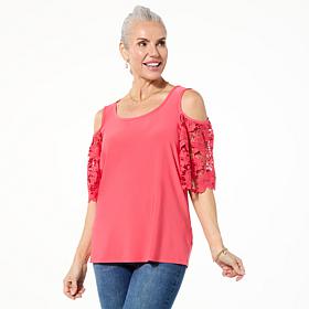 Nina Leonard Lace Sleeve Cold Shoulder Top