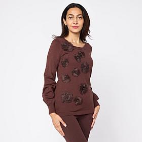 Nina Leonard Long Balloon Sleeve Round Neck Sweater Top