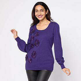 Nina Leonard Long Balloon Sleeve Round Neck Sweater Top