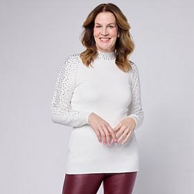 Nina Leonard Long-Sleeve Mock-Neck Embellished Sweater Top
