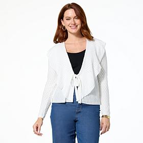 Nina Leonard Long Sleeve Ruffle Front Knit Cardigan