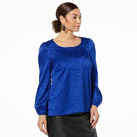 Nina Leonard Long Sleeve Scoop-Neck Charmeuse Top
