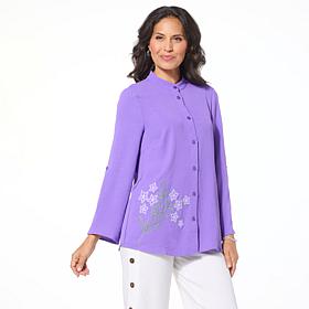 Nina Leonard Mandarin Collar Embroidered Tunic