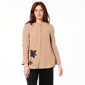 Nina Leonard Mandarin Collar Embroidered Tunic