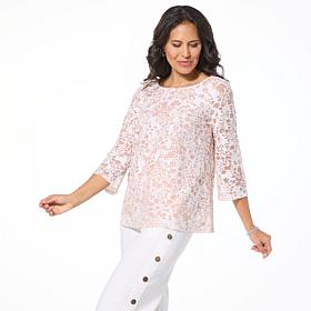 Nina Leonard Novelty Burnout 3/4 Sleeve Round Neck Top