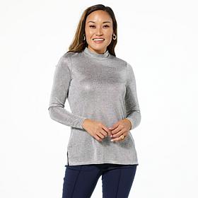 Nina Leonard Novelty Foil Knit Mock-Neck Top