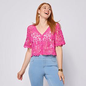 Nina Leonard Open Crochet Elbow-Sleeve Bolero Top