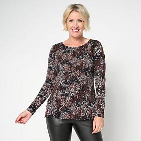 Nina Leonard Pleated Neck Long-Sleeve Knit Top