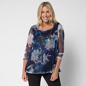 Nina Leonard Printed Mesh Knit Sequin Top with Detachable Necklace