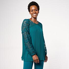 Nina Leonard Round Neck Pleat Chiffon Top