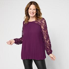 Nina Leonard Round Neck Pleat Chiffon Top