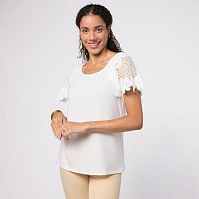 Nina Leonard Round Neck Top with Lace Flutter Sleeve