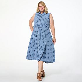 Nina Leonard Swiss Dot Sleeveless Button Front Midi Shirt Dress