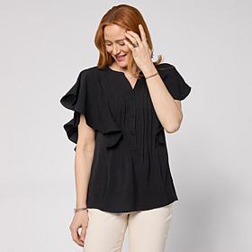 Nina Leonard Textured Wave Flutter-Sleeve Mandarin Collar Blouse